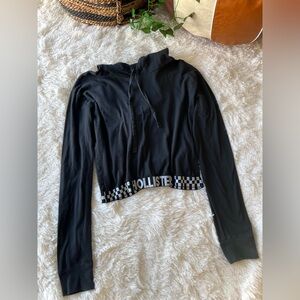Cropped Black Hollister Hoodie with Black and White Checkered Hem